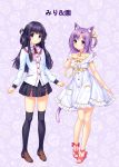  2girls animal_ear_fluff animal_ears bangs barefoot_sandals bell black_hair black_legwear black_skirt blue_eyes blunt_bangs blush brown_footwear cat_ears cat_girl cat_tail character_name commissioner_insert dress eyebrows_visible_through_hair food_background frilled_dress frills hair_ribbon hair_rings hand_on_own_chest heart_button highres jingle_bell long_hair long_sleeves looking_at_viewer multiple_girls neck_bell neck_ribbon nekopara one_side_up original pink_footwear pink_ribbon puffy_short_sleeves puffy_sleeves purple_background purple_hair ribbon sayori shirt shoes short_sleeves skirt smile tail thigh-highs violet_eyes white_dress white_shirt yellow_ribbon 