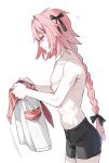  1boy astolfo_(fate) black_bow bow braid commentary_request cowboy_shot fate_(series) from_side hair_bow holding_shirt leopardtiger long_braid long_hair male_focus pale_skin pink_hair shirt short_shorts shorts simple_background single_braid skin_fang solo topless white_background white_shirt 