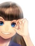  1girl asuta_(syunsn) blue_eyes brown_hair commentary_request grin looking_at_viewer original parted_lips portrait simple_background smile solo white_background 