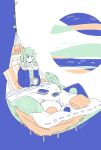  1girl abstract_background bangs blue_eyes book cellphone cup fish green_hair hammock highres holding holding_cup limited_palette long_hair long_sleeves no_mouth no_nose original phone pillow scarf solo swept_bangs twitter_username yonoko_k 