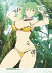  1girl :o armpits arms_up bikini breast_tattoo breasts bunching_hair forest green_hair groin hair_pull highres hikage_(senran_kagura) large_breasts lens_flare light_rays looking_at_viewer midriff nature navel official_art open_mouth senran_kagura senran_kagura_new_wave short_hair short_twintails slit_pupils solo sunlight swimsuit tattoo twintails yaegashi_nan yellow_bikini yellow_eyes 