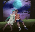  blue_eyes dress eureka eureka_seven fairy_wings forehead_jewel forest hair_ornament jacket moon nature night outdoors pink_eyes renton_thurston teenager tree white_dress wings 