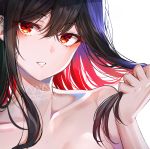  1girl absurdres bangs bare_shoulders black_hair breasts close-up collarbone commentary_request gradient_hair hair_between_eyes hand_up head_tilt highres holding holding_hair huge_filesize korean_commentary long_hair looking_at_viewer multicolored_hair original parted_lips red_eyes redhead revision sidelocks simple_background solo sunhyun tattoo teeth upper_body white_background 