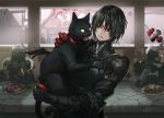  androgynous black_armor black_cat black_hair blurry blurry_background cat city_guard_(infukun) eye_contact facial_mark forehead_mark gauntlets gloves holding holding_cat indoors infukun long_sleeves looking_at_another pixiv_fantasia pixiv_fantasia_last_saga red_eyes red_gloves short_hair signature sitting skewer standing table window yellow_eyes 