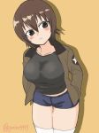  1girl blush breasts brown_eyes brown_hair eyebrows_visible_through_hair girls_und_panzer hand_in_pocket highres large_breasts looking_to_the_side nishizumi_maho saunders_military_uniform short_hair simple_background twitter_username yabai_gorilla 