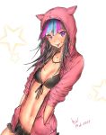  1girl alternate_costume artist_name bikini bikini_skirt black_bikini black_bikini_bottom black_bikini_top black_hair blue_hair breasts cleavage commentary_request dangan_ronpa dated eyebrows_visible_through_hair hands_in_pockets highres hood hood_up hoodie jewelry long_hair looking_at_viewer mioda_69ch mioda_ibuki multicolored_hair navel necklace open_clothes open_hoodie piercing pink_eyes pink_hair red_hoodie simple_background sleeves_rolled_up small_breasts solo star super_dangan_ronpa_2 swimsuit tongue tongue_out 