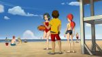  beach blazing_team:masters_of_yo_kwon_do blue_eyes hasbro lifeguard maddie_stone one-piece_swimsuit red_hair running scott_hardy screencap swimsuit 