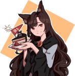  1girl animal_ears blush brooch brown_hair cake chocolate_cake dress flag food imaizumi_kagerou jewelry long_hair long_sleeves looking_at_viewer mefomefo open_mouth red_eyes simple_background skirt smile solo tail touhou werewolf wide_sleeves wolf_ears wolf_tail 