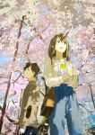  1boy 1girl bag brown_eyes brown_hair cherry_blossoms denim flower highres jacket jeans looking_up loundraw original outdoors pants short_hair signature smile spring_(season) sweater tree 