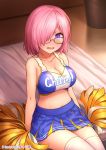  1girl artist_name bangs bare_arms bare_shoulders bed black-framed_eyewear blue_skirt blush breasts cheerleader cleavage clothes_writing collarbone commentary_request cowboy_shot crop_top fate/grand_order fate_(series) glasses hair_over_one_eye highres holding_pom_poms indoors large_breasts looking_at_viewer looking_over_eyewear mash_kyrielight midriff miniskirt navel on_bed open_mouth oyaji-sou pink_hair pleated_skirt shirt short_hair sitting skirt sleeveless sleeveless_shirt solo stomach thigh-highs violet_eyes white_legwear zettai_ryouiki 