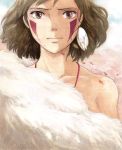  1girl bare_arms breasts brown_eyes brown_hair closed_mouth commentary_request earrings facepaint facial_mark highres jewelry looking_at_viewer medium_hair mononoke_hime sad san shirtless solo studio_ghibli 