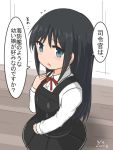  1girl artist_name asashio_(kantai_collection) belt black_hair blue_eyes commentary_request cowboy_shot curse_(023) dated dress flying_sweatdrops hand_on_own_chest kantai_collection long_hair long_sleeves looking_at_viewer neck_ribbon open_mouth pinafore_dress red_ribbon remodel_(kantai_collection) ribbon shirt solo translation_request white_shirt 