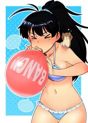  &gt;_&lt; 1girl 1other animal animal_on_shoulder antenna_hair balloon bikini black_hair blowing blue_background blue_bikini border collarbone commentary_request cowboy_shot earrings frilled_bikini frills ganaha_hibiki hamster hamuzou high_ponytail highres hoop_earrings idolmaster idolmaster_(classic) jewelry momo_no_suidou-sui navel polka_dot polka_dot_background ponytail swimsuit white_border 