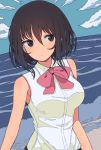  1girl bangs bare_shoulders blue_sky blush bow breasts brown_eyes brown_hair clouds commentary_request day eyebrows_visible_through_hair hair_between_eyes hinomaru_(futagun) horizon medium_breasts ocean original outdoors red_bow shirt sky sleeveless sleeveless_shirt solo upper_body water white_shirt 