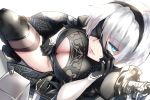  1girl black_gloves black_legwear blindfold blue_eyes boots breasts cleavage cleavage_cutout dress eyebrows_visible_through_hair gloves hair_over_one_eye hairband large_breasts light_smile looking_at_viewer mole mole_under_mouth nier_(series) nier_automata parted_lips pod_(nier_automata) shimeno_puni short_hair silver_hair solo sword thigh-highs thigh_boots weapon yorha_no._2_type_b 