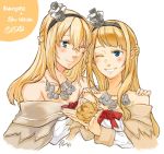  2girls bangs blonde_hair blue_eyes braid commentary_request cosplay cream_puff cropped_torso crossover crown dress flower food french_braid hairband holding holding_food jewelry kantai_collection long_hair long_sleeves mini_crown multiple_girls necklace off-shoulder_dress off_shoulder one_eye_closed real_life red_flower red_ribbon red_rose ribbon rose seiyuu_connection signature uchida_shuu warspite_(kantai_collection) warspite_(kantai_collection)_(cosplay) white_dress yamada_rei_(rou) 