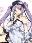  1girl bare_shoulders collarbone euryale fate/grand_order fate_(series) finger_to_cheek garter_straps long_hair looking_at_viewer nikame purple_hair solo stheno thighs twintails violet_eyes 