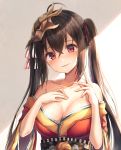  1girl azur_lane bare_shoulders black_hair blush breasts cleavage collarbone hair_ribbon hand_on_own_chest hands_up highres hinaki_(hinaki_0102) japanese_clothes kimono large_breasts long_hair looking_at_viewer mask mask_on_head obi off_shoulder parted_lips red_eyes red_kimono red_ribbon ribbon sash smile solo sweat taihou_(azur_lane) twintails upper_body 
