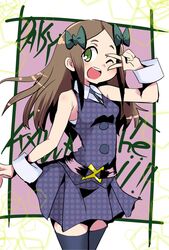  1girl blush bow breasts brown_hair character_name daisy_(little_witch_academia) green_bow green_eyes hair_bow hand_up hys-d little_witch_academia long_hair looking_at_viewer one_eye_closed open_mouth sleeveless smile solo thigh-highs v zettai_ryouiki 