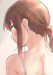  1girl :d bangs bare_shoulders blush chaigidhiell eyebrows_visible_through_hair from_behind fubuki_(kantai_collection) gradient gradient_background green_eyes grey_background hair_tie highres kantai_collection long_hair looking_at_viewer looking_back nape open_mouth short_ponytail sidelocks skindentation smile solo upper_body 