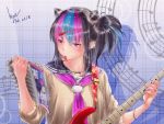  1girl artist_name black_hair black_nails blue_hair blush commentary_request dangan_ronpa dated ear_piercing eyebrows_visible_through_hair guitar hair_ornament hairclip highres holding in_mouth instrument jewelry long_hair mioda_69ch mioda_ibuki multicolored_hair musical_note nail_polish necklace piercing pink_eyes pink_hair ponytail ring school_uniform serafuku sleeves_rolled_up solo super_dangan_ronpa_2 white_hair 