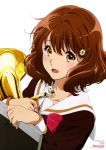  1girl :d absurdres bangs blush book brown_hair collarbone euphonium hair_ornament hairclip hibike!_euphonium highres holding holding_book holding_instrument instrument looking_at_viewer medium_hair mouthpiece newtype notebook official_art open_mouth oumae_kumiko school_uniform short_hair simple_background smile solo white_background yellow_eyes 