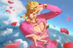  1boy artist_name blonde_hair blue_eyes bracelet clouds cloudy_sky earrings giorno_giovanna jewelry jojo_no_kimyou_na_bouken krabat lips long_sleeves looking_at_viewer male_focus nose petals reaching_out shading_eyes signature sky solo upper_body 
