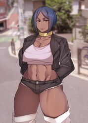  abs bindi blue_hair boots breasts cleavage cropped_jacket cutoffs dark_skin denim denim_shorts eyebrows facial_mark fatima_(korotsuke) forehead_mark highres jacket korotsuke large_breasts leather leather_jacket looking_at_viewer midriff muscle muscular_female navel original short_hair short_shorts shorts solo thigh-highs thigh_boots white_footwear white_legwear 