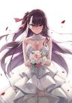  1girl bare_arms bare_shoulders blurry blush bouquet braid breasts cleavage closed_mouth collarbone cowboy_shot depth_of_field detached_collar dress embarrassed floating_hair flower french_braid garter_straps girls_frontline hair_ribbon holding holding_bouquet large_breasts layered_dress long_hair looking_at_viewer one_side_up petals pink_flower purple_hair rainmaker red_eyes red_flower ribbon rose simple_background smile solo standing thigh-highs very_long_hair wa2000_(girls_frontline) wedding_dress white_background white_dress white_flower white_legwear 