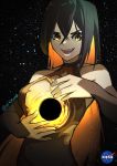  1girl bare_shoulders black_hair blackhole-chan breasts cleavage collarbone dress hair_between_eyes highres image_sample kuno_(runkunochan) long_hair looking_at_viewer m87_black_hole medium_breasts open_mouth original shoulders smile twitter_sample yellow_eyes 