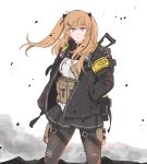  1girl black_bow black_gloves black_scarf black_skirt blood bloody_clothes bow breasts commentary eyebrows_visible_through_hair girls_frontline gloves highres hood hooded_jacket jacket long_sleeves medium_breasts pantyhose scar scar_across_eye scarf selby skirt ump9_(girls_frontline) 