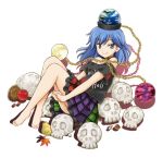  1girl apple bangs bare_shoulders barefoot black_choker black_shirt blue_eyes blue_hair chains choker clothes_writing commentary_request drop_shadow earth_(ornament) eyebrows_visible_through_hair food fruit full_body green_skirt hecatia_lapislazuli hecatia_lapislazuli_(earth) hirasaka_makoto knees_up leaf long_hair looking_at_viewer miniskirt moon_(ornament) multicolored multicolored_clothes multicolored_skirt off-shoulder_shirt off_shoulder pear plaid plaid_skirt polos_crown purple_skirt red_skirt shirt short_sleeves simple_background sitting skirt skull smile solo t-shirt touhou white_background 