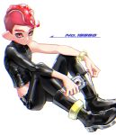  1boy agent_8 black_footwear black_pants boots chromatic_aberration closed_mouth holding long_sleeves looking_at_viewer mimimi_(echonolog) mohawk octarian octoling pants pink_eyes red_eyes redhead short_hair simple_background single_sleeve sitting solo splatoon splatoon_(series) splatoon_2 splatoon_2:_octo_expansion suction_cups tentacle_hair white_background zipper 