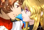  1boy 1girl 2019 blonde_hair brown_eyes brown_hair eye_contact hair_between_eyes imminent_kiss kodai_susumu looking_at_another mori_yuki parted_lips portrait short_hair signature uchuu_senkan_yamato uchuu_senkan_yamato_2199 violet_eyes yokon2199 