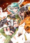  1girl absurdres aqua_hair bare_hips black_shorts blue_eyes breasts bullet cleavage dual_wielding garter_straps green_jacket green_legwear gun hair_between_eyes hair_ornament hairclip highres holding holding_gun holding_weapon jacket leotard long_sleeves looking_at_viewer medium_breasts open_clothes open_jacket rifle scarf sho_(sumika) short_hair short_shorts shorts sinon smile solo sword_art_online thigh-highs weapon white_scarf 