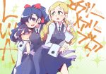  3girls avery_(little_witch_academia) bangs black_skirt blair_(little_witch_academia) blonde_hair blue_eyes blue_hair blush bow breasts character_name cowboy_shot eyebrows_visible_through_hair green_eyes hair_bow halftone hand_on_another&#039;s_shoulder hand_up hys-d little_witch_academia long_hair long_sleeves looking_at_viewer mary_(little_witch_academia) medium_breasts multiple_girls open_mouth ponytail purple_hair red_bow shirt skirt smile twintails violet_eyes white_shirt 
