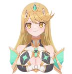  1girl absurdres bangs bare_shoulders blonde_hair breasts cleavage cleavage_cutout closed_mouth earrings highres mythra_(xenoblade) jewelry large_breasts long_hair looking_at_viewer nintendo papapa36 simple_background smile solo straight_hair swept_bangs tiara upper_body white_background xenoblade_(series) xenoblade_2 yellow_eyes 