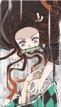  1boy 1girl artist_request black_hair falling green_kimono hand_up injured_hand japanese_clothes kamado_nezuko kimetsu_no_yaiba kimono monster_girl official_art orange_hair pink_eyes waifu2x 