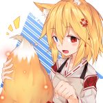  1girl :d absurdres ai_cao alternate_hair_length alternate_hairstyle animal_ear_fluff animal_ears apron bangs blonde_hair blue_eyes blush cosplay eyebrows_visible_through_hair fang fox_ears fox_girl fox_tail g41_(girls_frontline) girls_frontline grey_apron hair_between_eyes hair_ornament heterochromia highres japanese_clothes kimono long_sleeves looking_at_viewer open_mouth red_eyes ribbon_trim senko_(sewayaki_kitsune_no_senko-san) senko_(sewayaki_kitsune_no_senko-san)_(cosplay) sewayaki_kitsune_no_senko-san smile solo tail white_kimono 