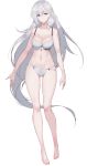  1girl absurdres animal_ears arms_at_sides bare_arms bare_legs bare_shoulders barefoot blue_eyes bra braid breasts cleavage eyebrows_visible_through_hair full_body girls_frontline grey_hair groin hair_between_eyes highres ksvk_(girls_frontline) large_breasts long_hair looking_at_viewer navel pandea_work panties parted_lips simple_background skindentation solo stomach toned underwear underwear_only very_long_hair white_background white_bra white_panties 