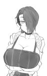  1girl arms_under_breasts breasts choker cleavage collarbone commentary english_commentary greyscale hair_over_one_eye huge_breasts looking_at_viewer monochrome original saya_(twrlare) short_hair solo twrlare upper_body 