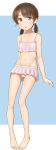  1girl absurdres alternate_costume bare_shoulders barefoot bikini brown_eyes brown_hair eyebrows_visible_through_hair frilled_bikini frills full_body highres kantai_collection low_twintails midriff navel nyarukac open_mouth pink_bikini shirayuki_(kantai_collection) short_twintails solo swimsuit twintails 