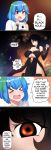  &gt;_&lt; 2girls black_hair black_legwear blackhole-chan blue_hair breasts brown_eyes cleavage collarbone comic earth-chan english_text eyebrows_visible_through_hair green_hair highres hinghoi large_breasts long_hair m87_black_hole multicolored_hair multiple_girls open_mouth orange_eyes orange_hair original personification shirt short_hair thigh-highs two-tone_hair white_shirt 