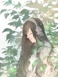  1girl asuta_(syunsn) black_hair closed_eyes closed_mouth commentary_request dress leaf long_hair original short_sleeves solo very_long_hair white_dress 