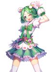  1girl ;d commentary_request green_hair ling_si looking_at_viewer magical_girl mole mole_under_eye one_eye_closed open_mouth original simple_background smile solo white_background 
