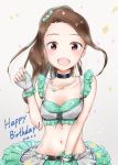  1girl 2018 :d alternate_hairstyle belt bow breasts brown_hair choker cleavage collarbone dated earrings eyebrows_visible_through_hair fingerless_gloves floating_hair gloves green_bow grey_gloves hair_bow hair_ornament happy_birthday highres idolmaster idolmaster_(classic) jewelry layered_skirt long_hair looking_at_viewer midriff minase_iori miniskirt mogskg navel necklace open_mouth ponytail red_eyes skirt sleeves small_breasts smile solo sparkle standing star star_earrings star_hair_ornament star_necklace stomach upper_body white_background 