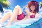  1girl ball beachball bikini blue_sky bracelet breasts brown_hair clouds cloudy_sky day expressionless fate/grand_order fate_(series) feng_mouren flower hair_flower hair_intakes hair_ornament hibiscus highres holding_beachball innertube jewelry large_breasts leg_garter looking_at_viewer nail_polish ocean outdoors palm_tree pink_bikini purple_bikini red_eyes scathach_(fate)_(all) scathach_(fate/grand_order) scathach_(swimsuit_assassin)_(fate) sky solo swimsuit tree 