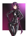  1girl absurdres bodysuit breasts cowboy_shot female_admiral_(kantai_collection) hiememiko highres kantai_collection large_breasts latex latex_suit long_hair open_mouth purple_hair shiny shiny_clothes skin_tight smile solo violet_eyes 