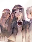  3girls asuta_(syunsn) bangs black_hair bow bowtie brown_eyes brown_hair commentary_request formal from_behind grey_skirt grin head_wreath long_hair looking_at_viewer multiple_girls open_mouth original pleated_skirt red_bow red_neckwear school_uniform skirt smile suit 