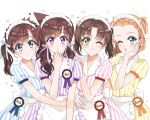  4girls :o ;) ;o alternate_hairstyle apron arch_lapin arm_around_waist award_ribbon bangs blue_dress blue_eyes blue_ribbon brown_hair character_name closed_mouth collared_dress commentary creator_connection cursive dress eyebrows_visible_through_hair flower frilled_apron frills green_eyes hair_pulled_back hair_ribbon hair_up hand_on_another&#039;s_shoulder hand_on_own_cheek head_tilt heart highres hug light_brown_hair long_hair looking_at_viewer low_twintails magic_kaito maid_headdress medium_dress medium_hair meitantei_conan mouri_ran multiple_girls nakamori_aoko one_eye_closed open_mouth parted_bangs parted_lips pink_dress pink_flower pink_rose puffy_short_sleeves puffy_sleeves purple_dress purple_ribbon ribbon rose short_hair short_sleeves short_twintails simple_background smile standing striped suzuki_sonoko tooyama_kazuha twintails twintails_day vertical-striped_dress vertical_stripes violet_eyes waist_apron waitress white_apron white_background yellow_dress yellow_ribbon 